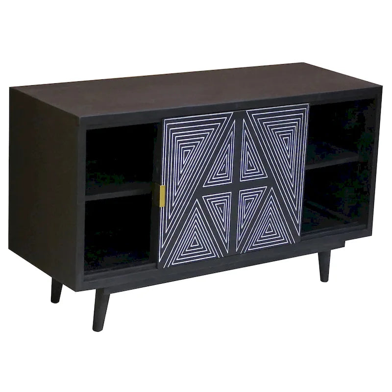 Credenza/Buffet Mid-Century Modern in Legno Massello a 2 Ante, Motivo Geometrico