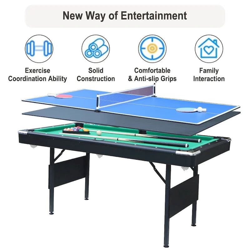 65.7 Tavoli da Gioco Portatili 3-in-1, Biliardo, Ping Pong, Piano del Tavolo per la Casa - N/A