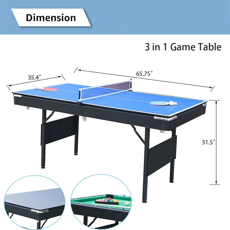 65.7 Tavoli da Gioco Portatili 3-in-1, Biliardo, Ping Pong, Piano del Tavolo per la Casa - N/A