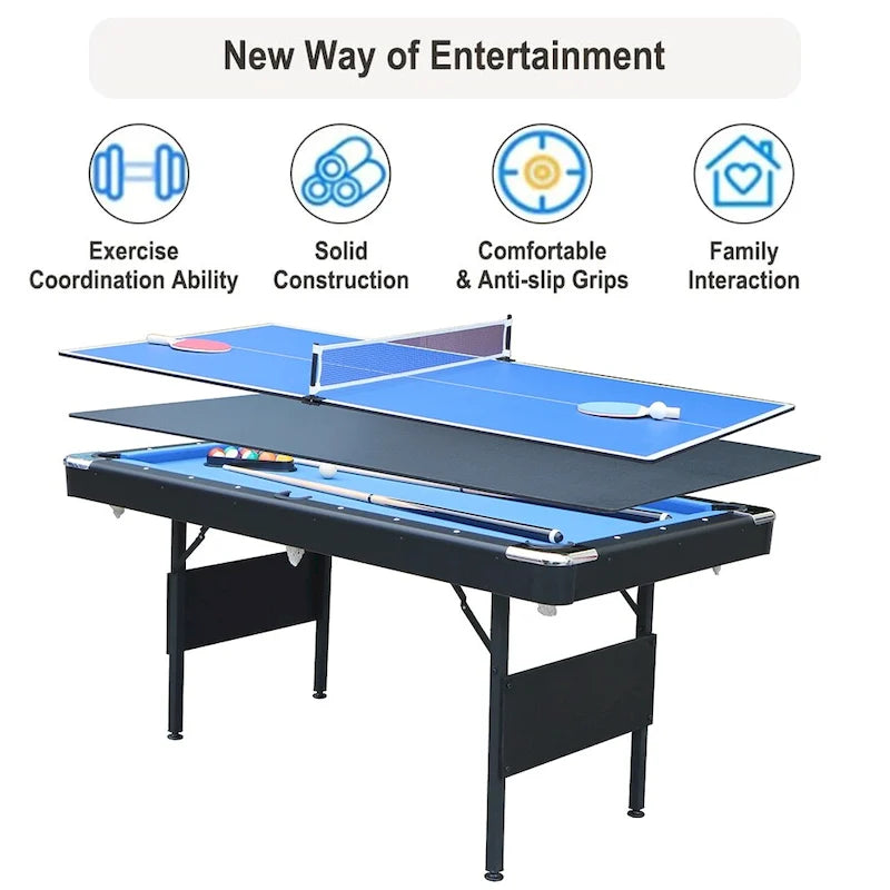 65.7 Tavoli da Gioco Portatili 3-in-1, Biliardo, Ping Pong, Piano del Tavolo per la Casa - N/A