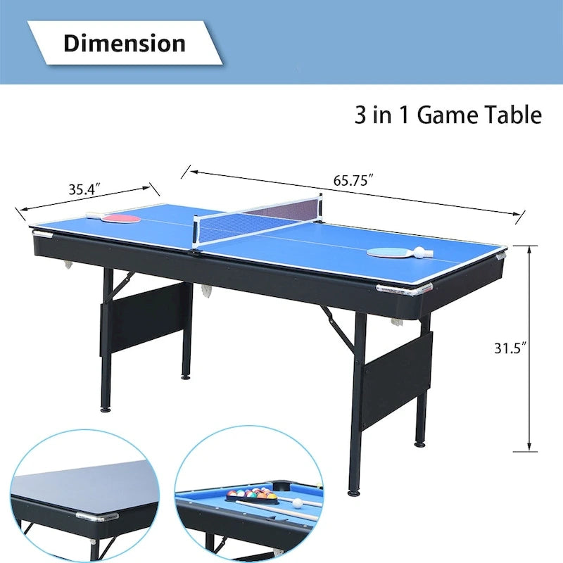 65.7 Tavoli da Gioco Portatili 3-in-1, Biliardo, Ping Pong, Piano del Tavolo per la Casa - N/A