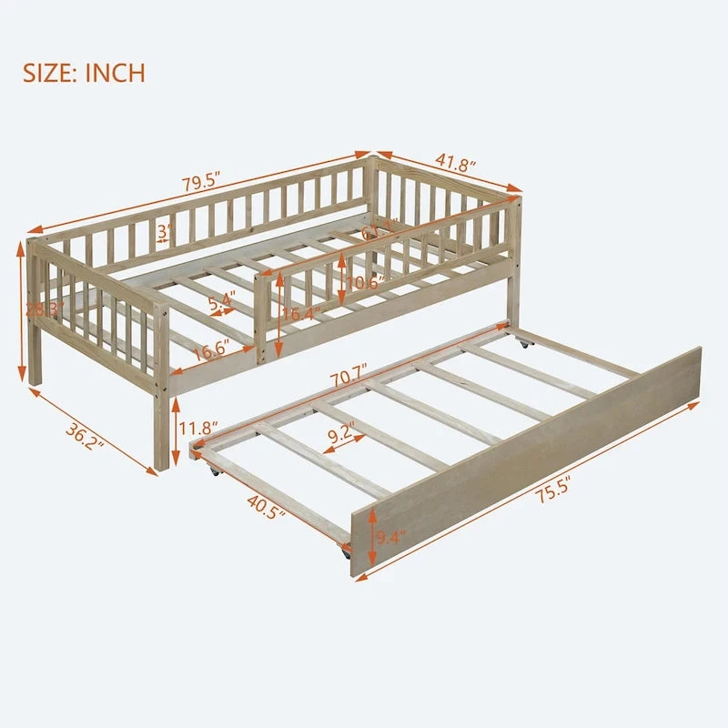 Letto a giorno in legno di dimensioni singole con letto estraibile e sponde di protezione a staccionata