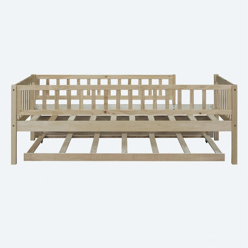 Letto a giorno in legno di dimensioni singole con letto estraibile e sponde di protezione a staccionata