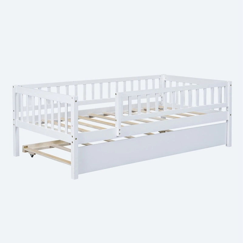 Letto a giorno in legno di dimensioni singole con letto estraibile e sponde di protezione a staccionata