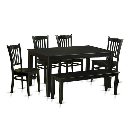 Set da pranzo 6 pezzi, tavolo rettangolare, 4 sedie e panca, nero