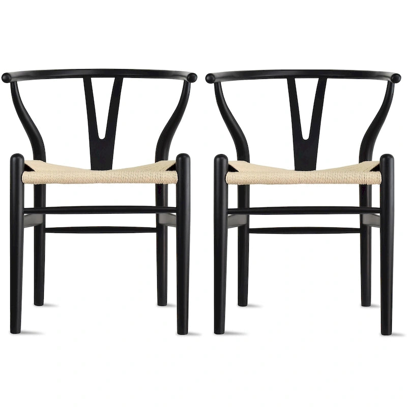 Set di 2 sedie da pranzo moderne in legno con schienale a Y, braccioli e sedile in canapa, per casa, ristorante, ufficio