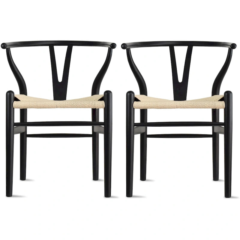 Set di 2 sedie da pranzo moderne in legno con schienale a Y, braccioli e sedile in canapa, per casa, ristorante, ufficio