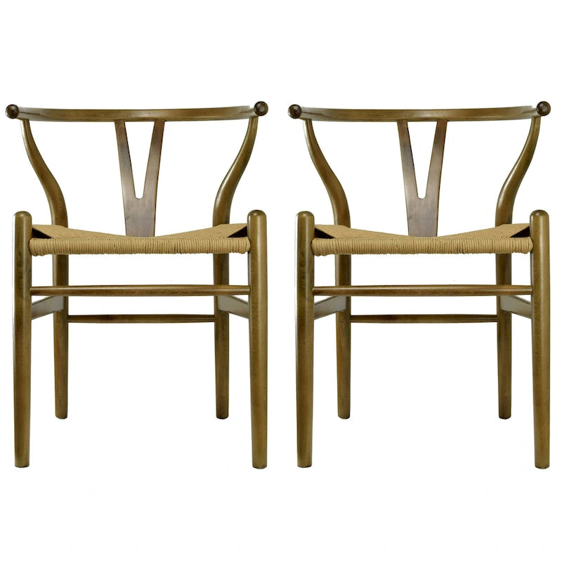 Set di 2 sedie da pranzo moderne in legno con schienale a Y, braccioli e sedile in canapa, per casa, ristorante, ufficio