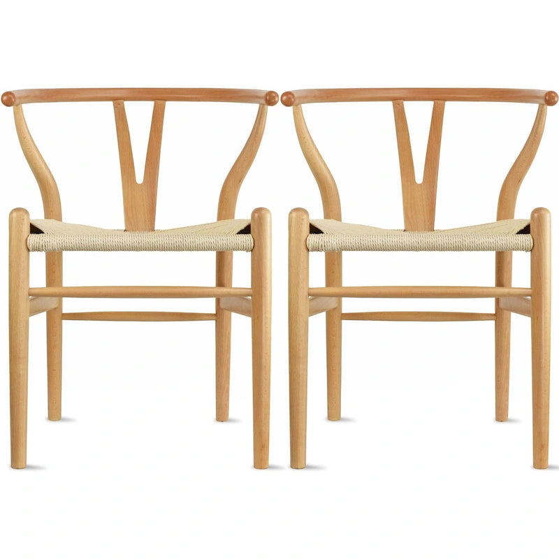 Set di 2 sedie da pranzo moderne in legno con schienale a Y, braccioli e sedile in canapa, per casa, ristorante, ufficio