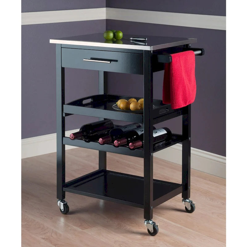Carrello da cucina multiuso Anthony, piano in acciaio inossidabile, nero - 25,2 x 16,38 x 33,78 pollici