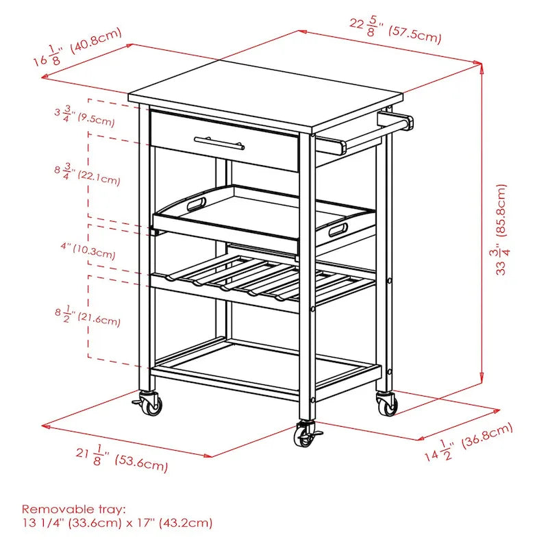 Carrello da cucina multiuso Anthony, piano in acciaio inossidabile, nero - 25,2 x 16,38 x 33,78 pollici