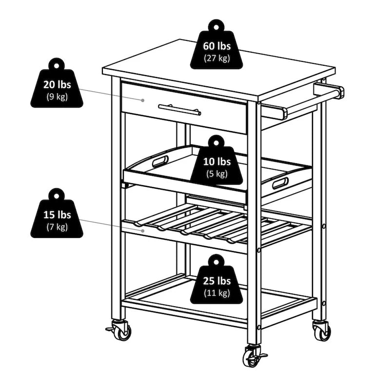 Carrello da cucina multiuso Anthony, piano in acciaio inossidabile, nero - 25,2 x 16,38 x 33,78 pollici