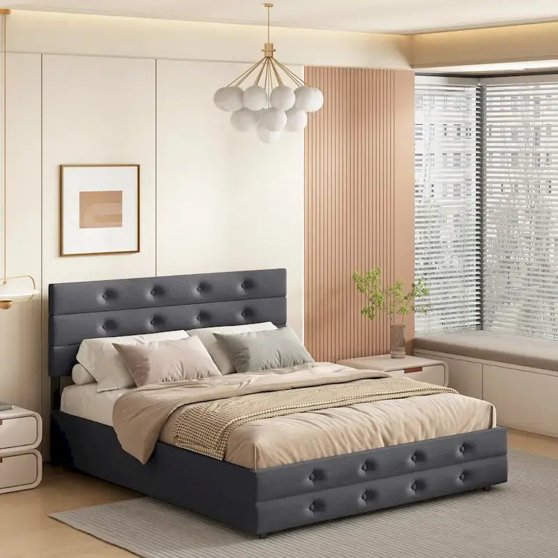 Letto a rotelle imbottito in tessuto di lino Queen Size con cassetti, Letto Queen Size