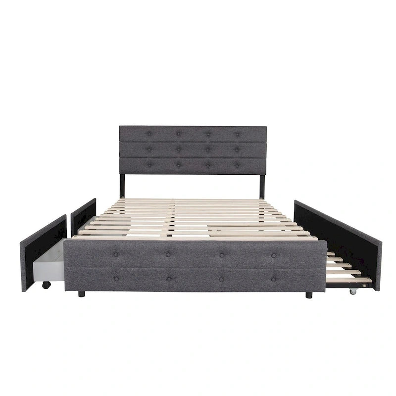 Letto a rotelle imbottito in tessuto di lino Queen Size con cassetti, Letto Queen Size