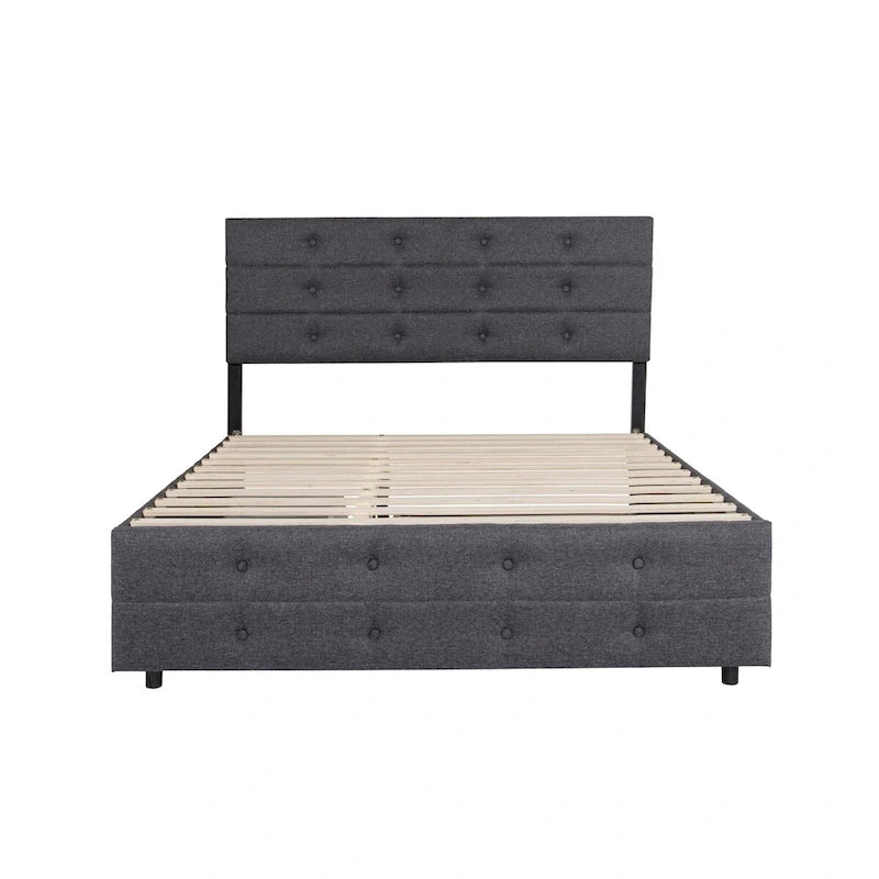 Letto a rotelle imbottito in tessuto di lino Queen Size con cassetti, Letto Queen Size