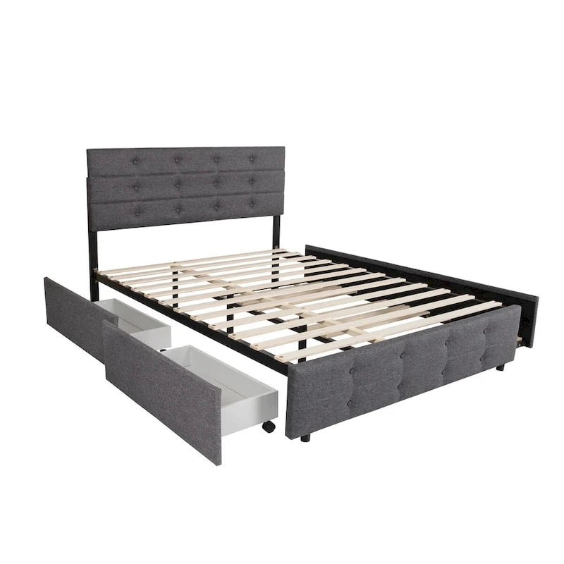 Letto a rotelle imbottito in tessuto di lino Queen Size con cassetti, Letto Queen Size