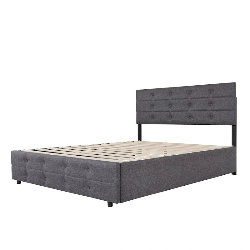 Letto a rotelle imbottito in tessuto di lino Queen Size con cassetti, Letto Queen Size