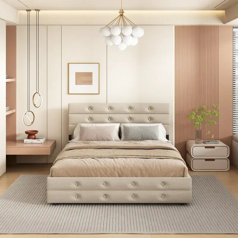 Letto a rotelle imbottito in tessuto di lino Queen Size con cassetti, Letto Queen Size