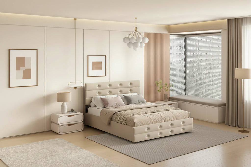 Letto a rotelle imbottito in tessuto di lino Queen Size con cassetti, Letto Queen Size