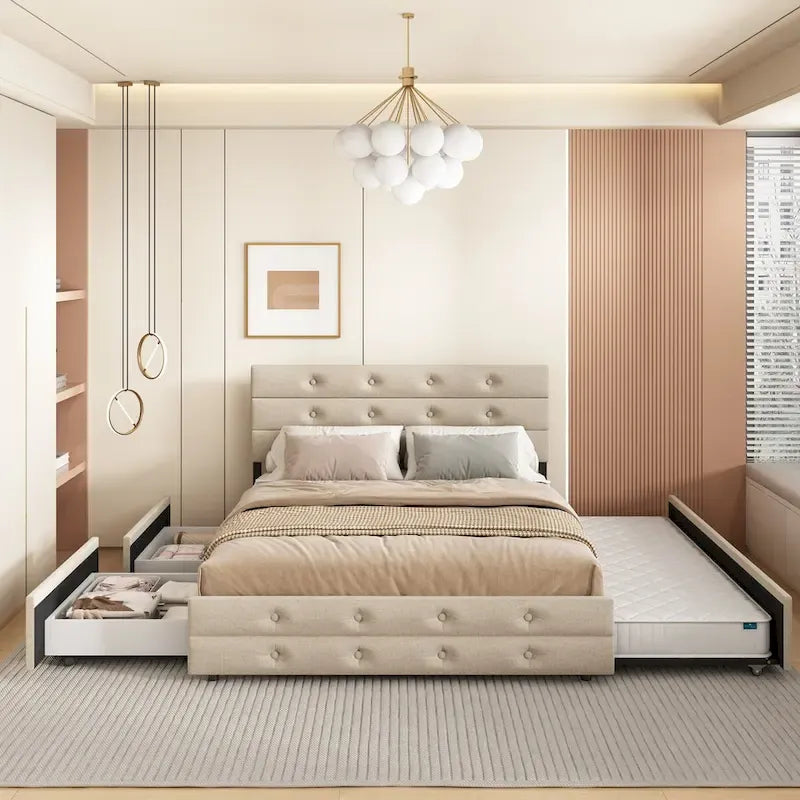 Letto a rotelle imbottito in tessuto di lino Queen Size con cassetti, Letto Queen Size