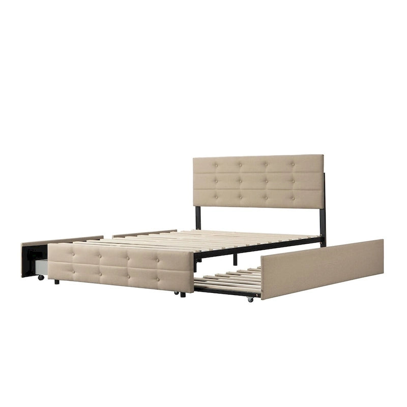 Letto a rotelle imbottito in tessuto di lino Queen Size con cassetti, Letto Queen Size
