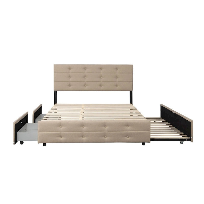 Letto a rotelle imbottito in tessuto di lino Queen Size con cassetti, Letto Queen Size
