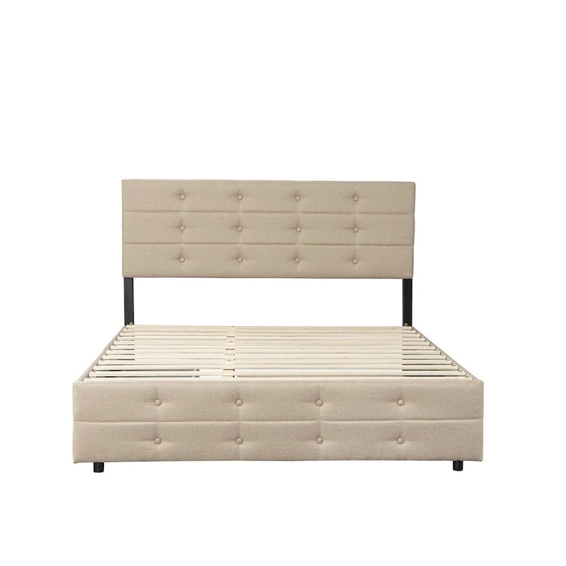 Letto a rotelle imbottito in tessuto di lino Queen Size con cassetti, Letto Queen Size