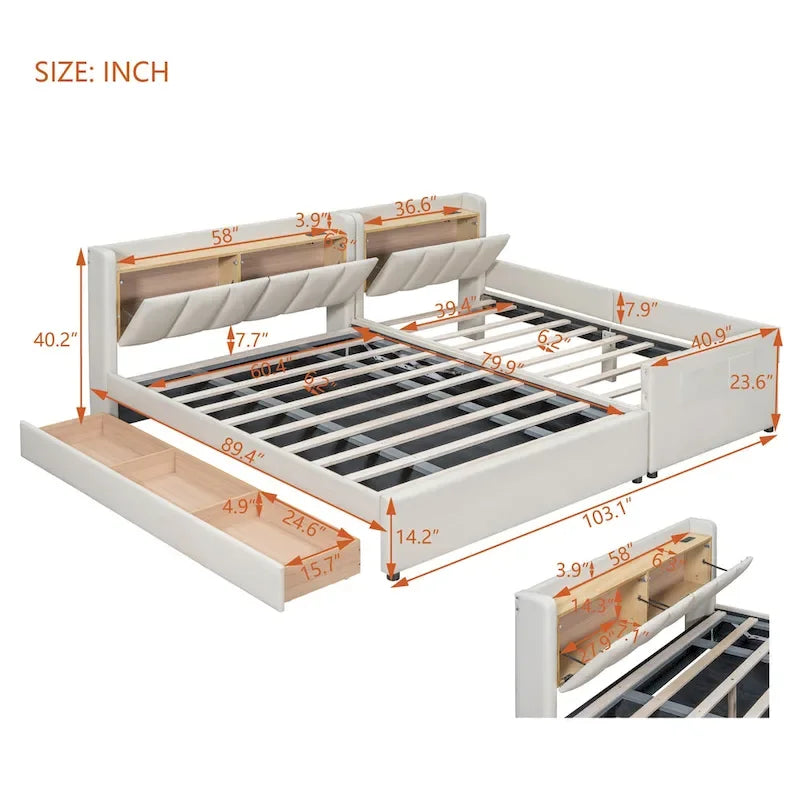 Letto a piattaforma imbottito queen size e twin XL size