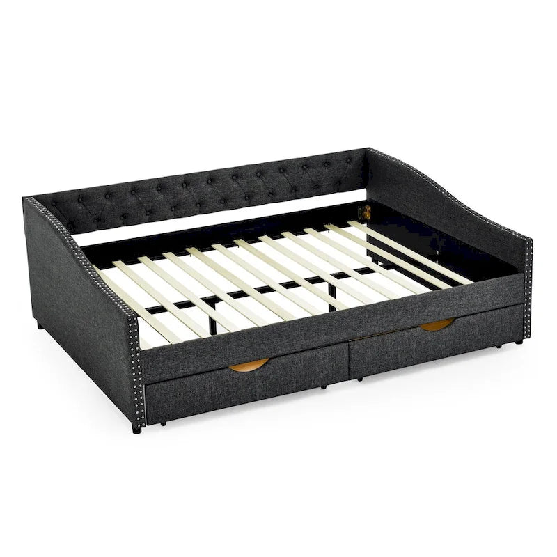 Divano Letto Queen Size con Testiera Trapuntata con Bottoni sullo Schienale e Chiodi in Rame sui Braccioli Ondulati (84.5x63.5x26.5)