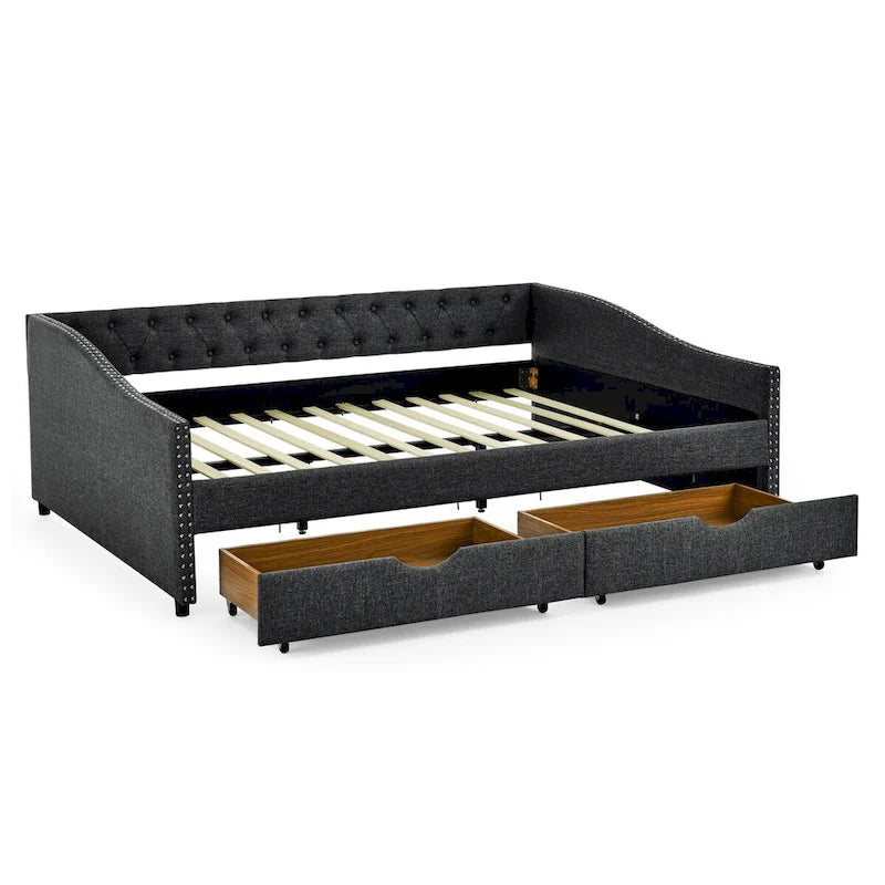 Divano Letto Queen Size con Testiera Trapuntata con Bottoni sullo Schienale e Chiodi in Rame sui Braccioli Ondulati (84.5x63.5x26.5)