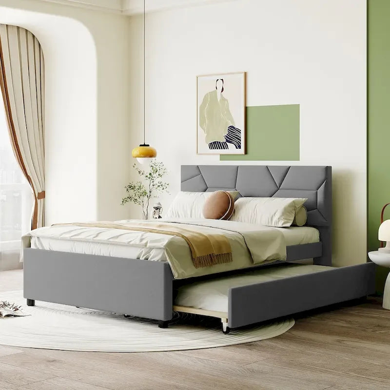 Letto a piattaforma imbottito matrimoniale con testiera a mattoni e letto estraibile singolo, tessuto in lino