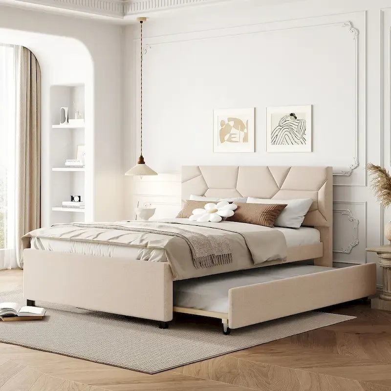 Letto a piattaforma imbottito matrimoniale con testiera a mattoni e letto estraibile singolo, tessuto in lino