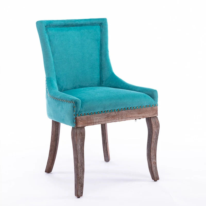 Sedia da pranzo Ultra SideSedie in tessuto ispessito con gambe in legno massello dai toni neutriTesta del chiodo color bronzoSet di 2Blu