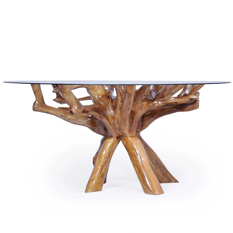 Tavolo da pranzo rustico Chic Teak in legno di radice di teak con piano rotondo in vetro da 48 pollici