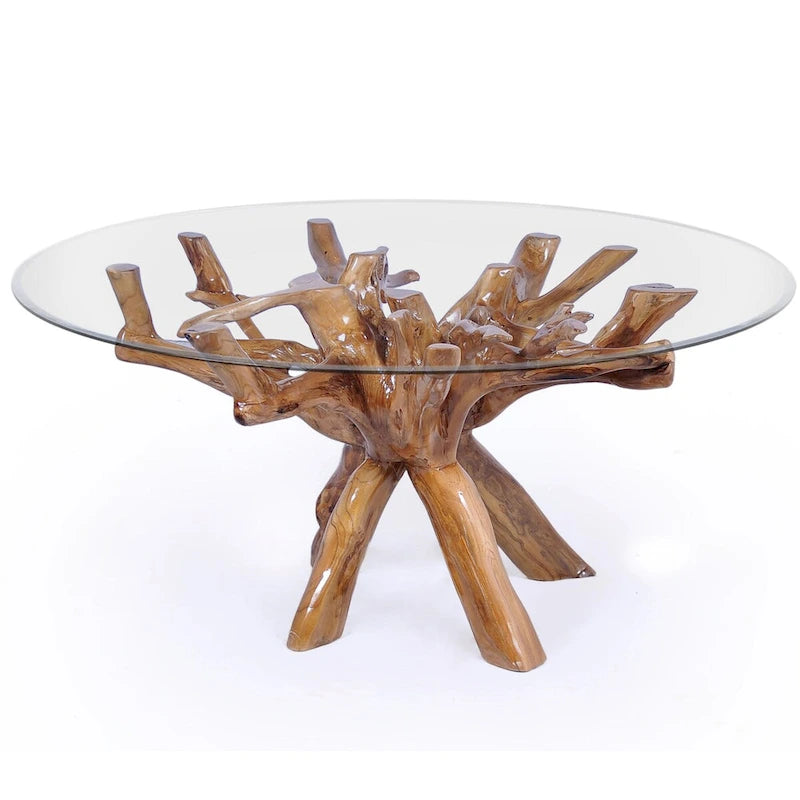 Tavolo da pranzo rustico Chic Teak in legno di radice di teak con piano rotondo in vetro da 48 pollici