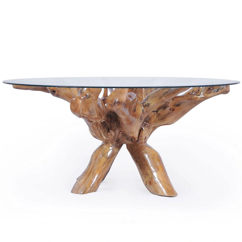 Tavolo da pranzo rustico Chic Teak in legno di radice di teak con piano rotondo in vetro da 48 pollici