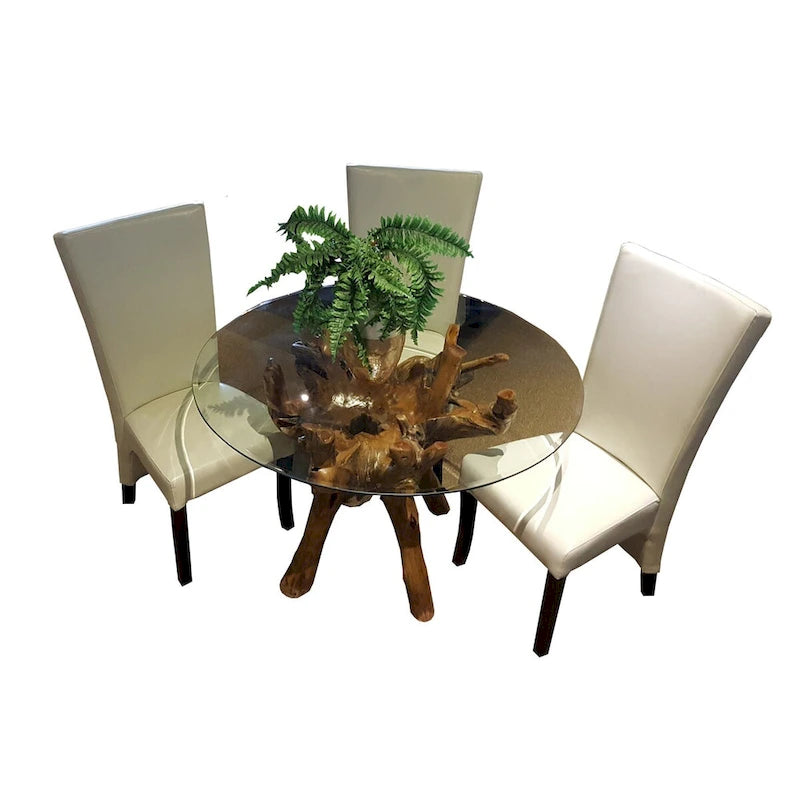 Tavolo da pranzo rustico Chic Teak in legno di radice di teak con piano rotondo in vetro da 48 pollici