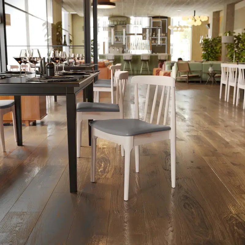 Sedia da pranzo commerciale in legno massello con sedile imbottito in vinile - Set da 2