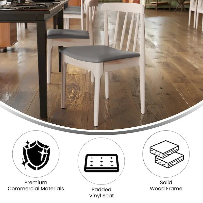 Sedia da pranzo commerciale in legno massello con sedile imbottito in vinile - Set da 2