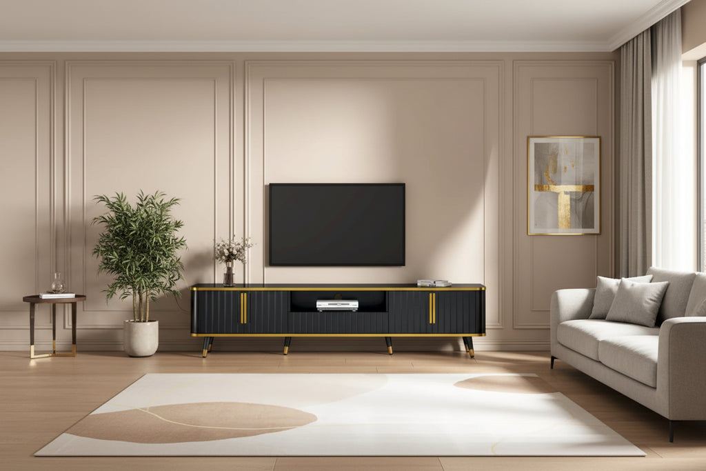 Luxury Minimalism TV Stand with Open Storage Shelf for TVs Up to 85, Entertainment Center with Cabinets and Drawers