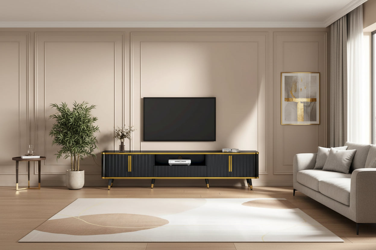 Luxury Minimalism TV Stand with Open Storage Shelf for TVs Up to 85, Entertainment Center with Cabinets and Drawers