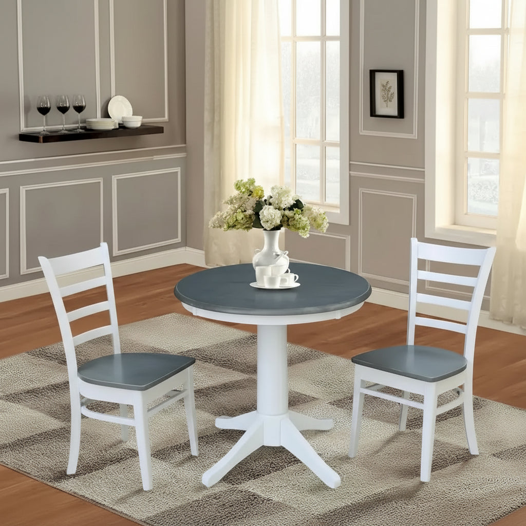 30 Round Top Pedestal Table with 2 Emily Chairs in White and Heather Gray