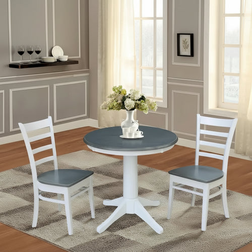 30 Round Top Pedestal Table with 2 Emily Chairs in White and Heather Gray