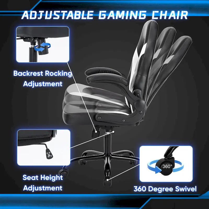 Sedia da computer in pelle PU Sedia da ufficio ergonomica Sedia da gaming con supporto lombare, Sedie da scrivania girevoli con braccioli ribaltabili