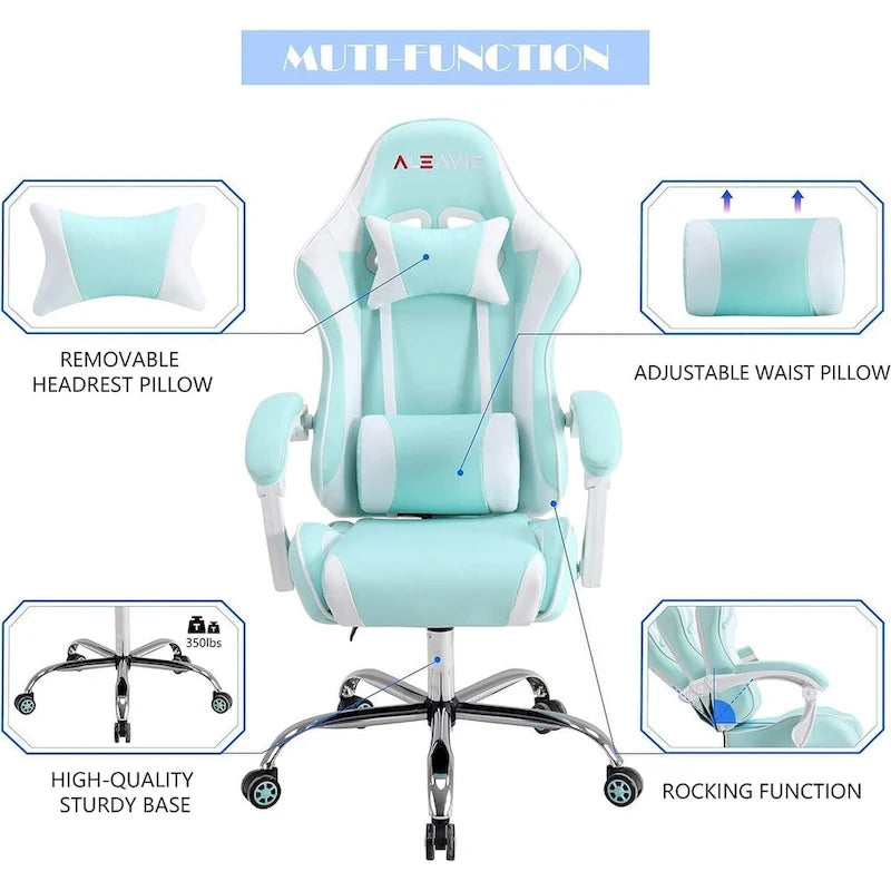 Sedia da Gaming Stile Racing, Sedia da Ufficio da Gaming Regolabile in Altezza in Pelle PU con Poggiatesta e Supporto Massaggiante Lombare