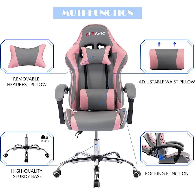 Sedia da Gaming Stile Racing, Sedia da Ufficio da Gaming Regolabile in Altezza in Pelle PU con Poggiatesta e Supporto Massaggiante Lombare