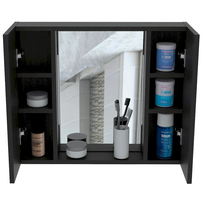 Mobiletto medicinali, doppia anta, specchio, un ripiano esterno, finitura Wengé nero